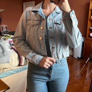 RED PINSTRIPED CROPPED DENIM JACKET
